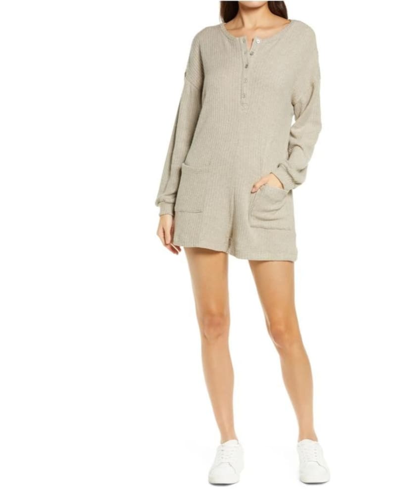 Front of a model wearing a size L Slush Fund Romper in Heather Toffee in Heather Toffee by BB Dakota. | dia_product_style_image_id:346332